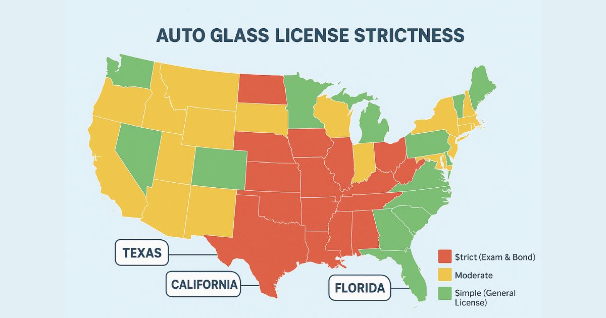 US map color-coded by auto glass license requirements, showing strict, moderate, and simple states.