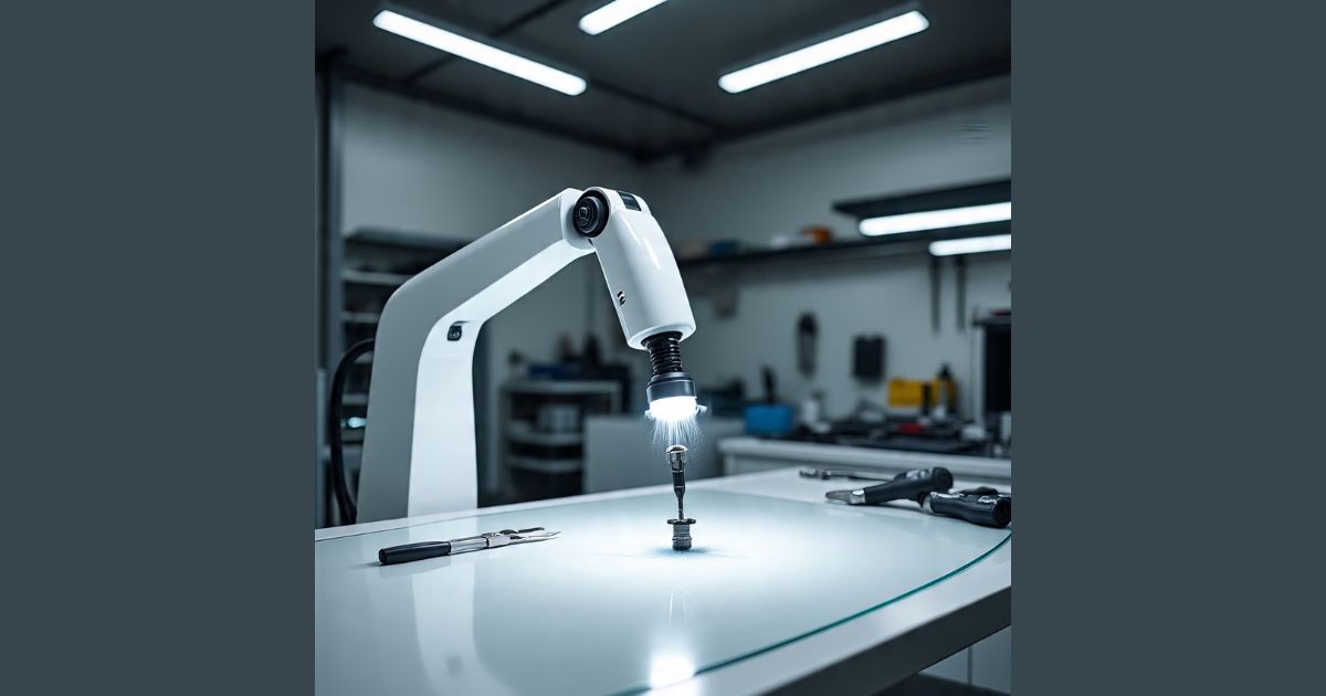 AI-guided robotic arm performing a precision windshield repair in a modern auto glass shop.