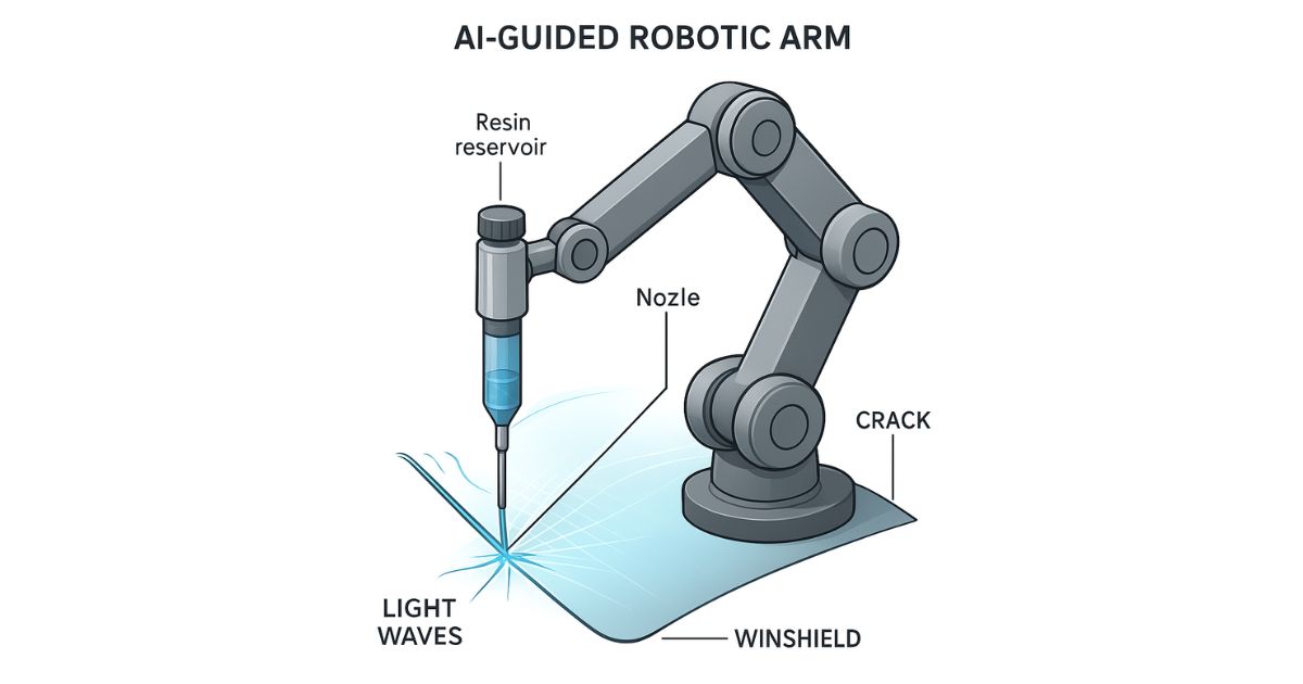 AI-guided robotic arm performing automated resin injection on a windshield crack, showcasing advanced technology in AI auto glass repair with precision resin application and light curing.
