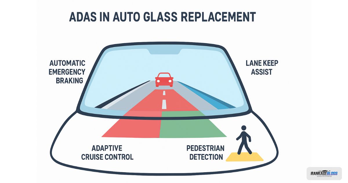 ADAS in Auto Glass Replacement infographic showing safety features like AEB and lane assist.