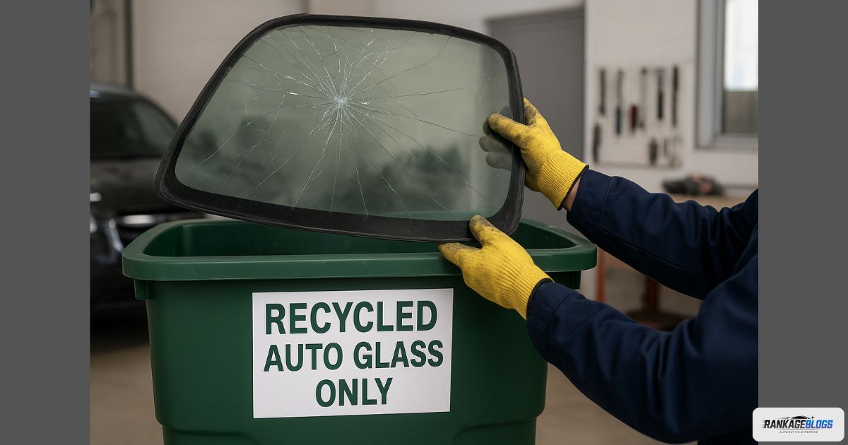Proper disposal of an old windshield into a dedicated recycling bin at an auto glass shop.