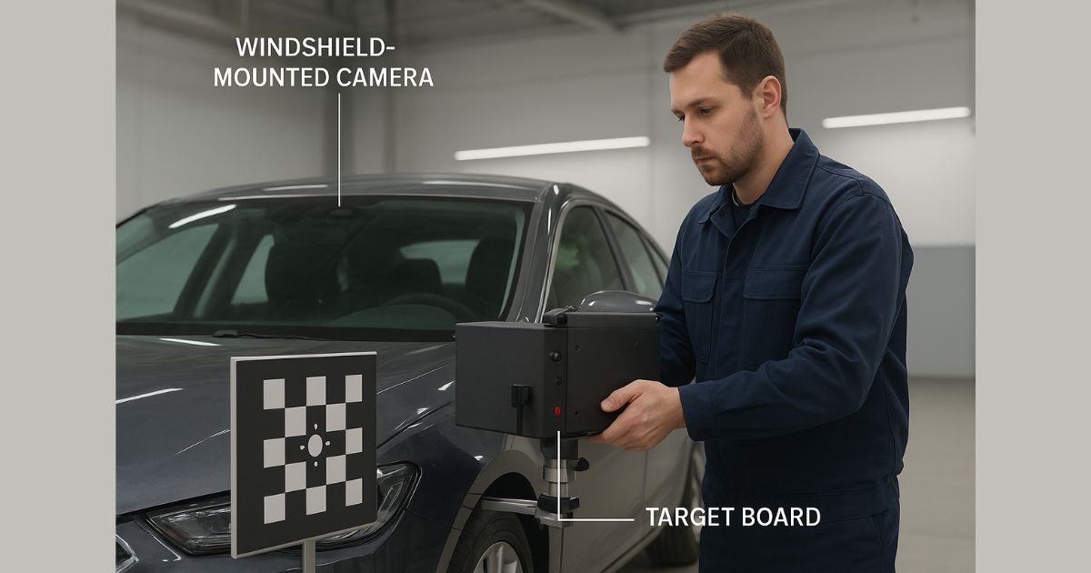 Technician operating ADAS calibration equipment on a car, essential for modern auto glass business.