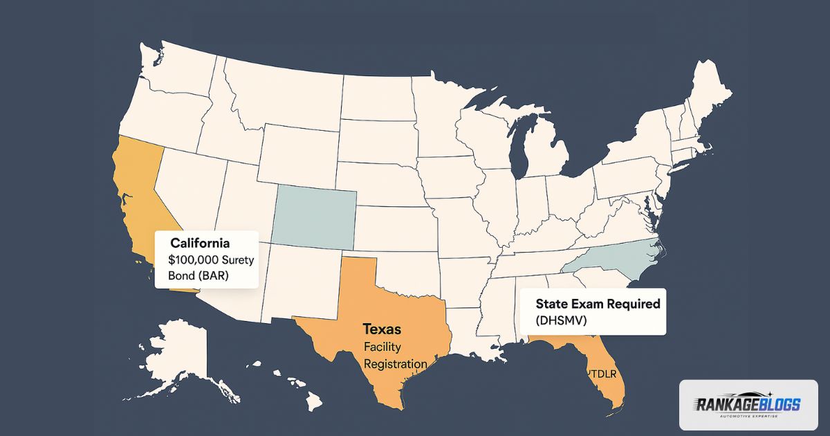 Map of USA comparing auto glass shop license requirements in California, Florida, and Texas.