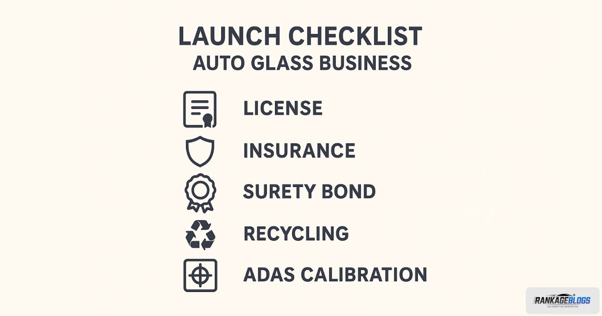 An infographic checklist for launching an auto glass business, covering license, insurance, and calibration.