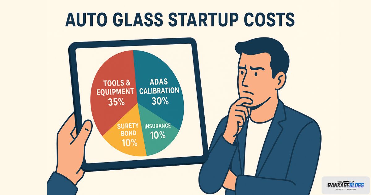 A pie chart infographic breaking down the various costs of starting an auto glass business.