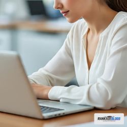 Professional woman updating auto glass repair website disclaimer policy on laptop.