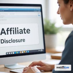 Professional woman reviewing affiliate disclosure for auto glass repair recommendations on laptop.