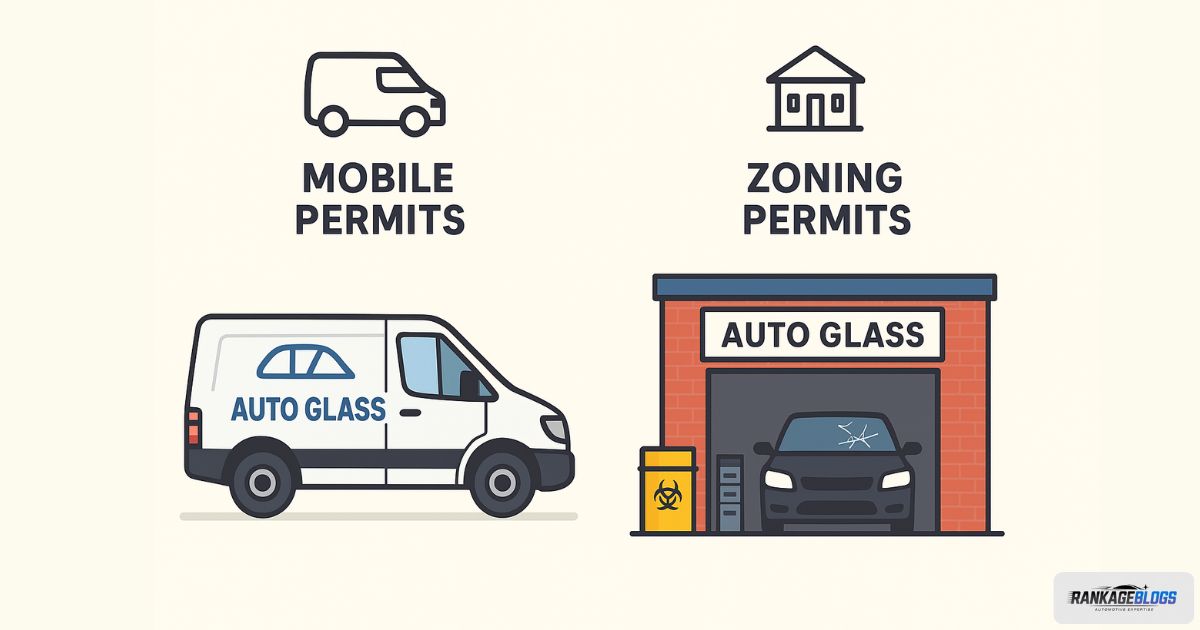 A visual comparison of a mobile auto glass van and a physical repair shop, highlighting different licensing needs.