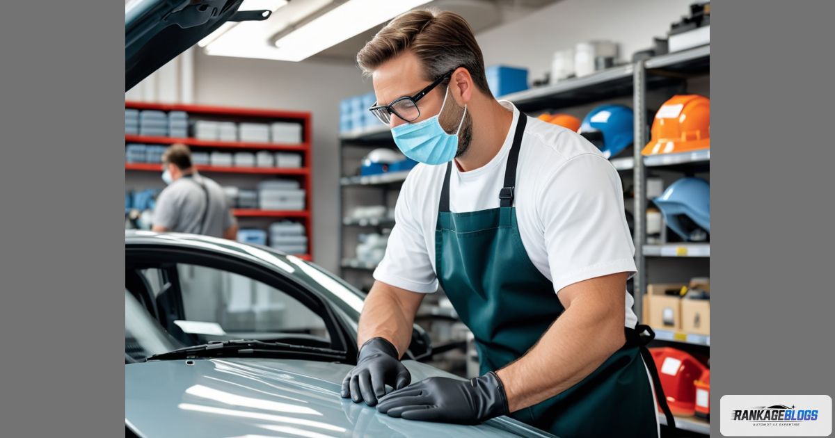 Auto glass technician wearing full PPE including gloves and safety glasses for OSHA workplace safety.
