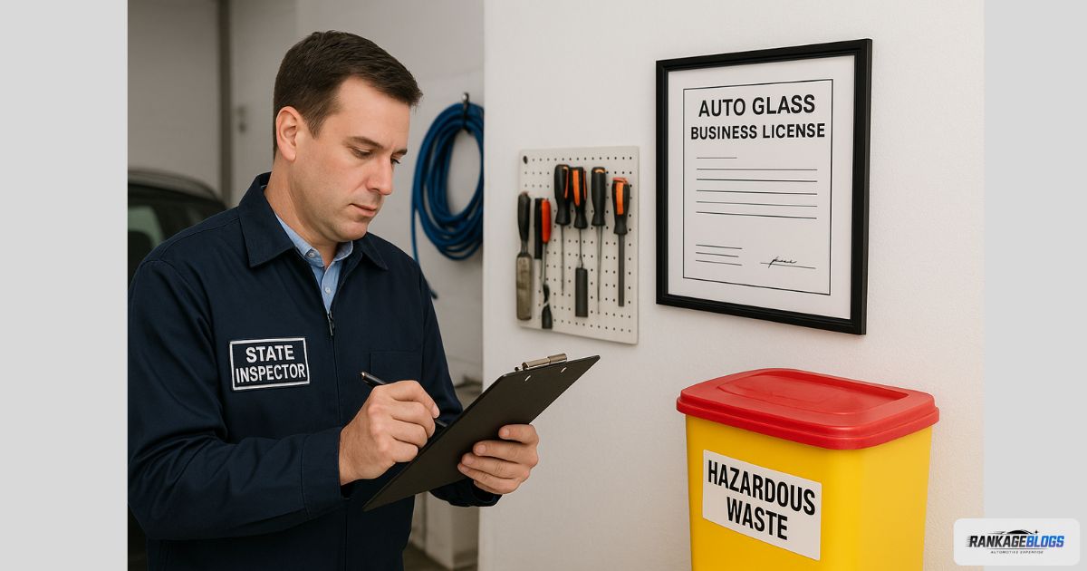 A state inspector conducting a pre-license inspection in a well-organized auto glass shop.