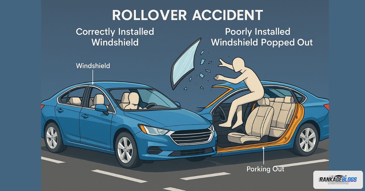 Diagram comparing a safe windshield installation vs a failure during a car rollover accident.
