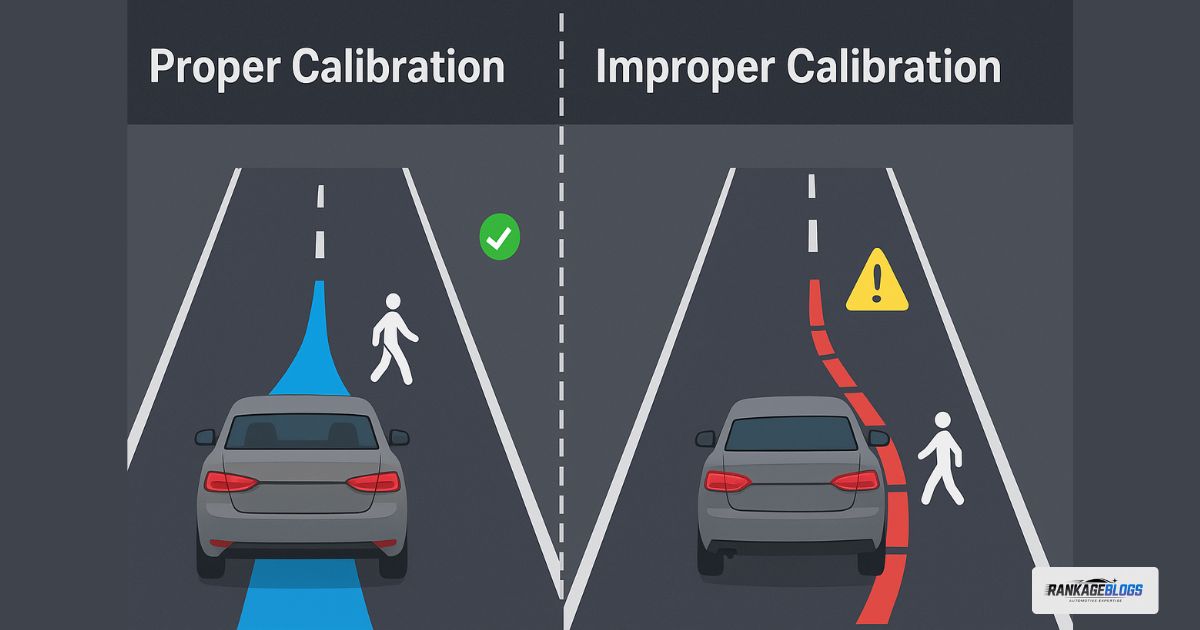 Diagram showing dangerous miscalculation from a misaligned ADAS camera after auto glass replacement.