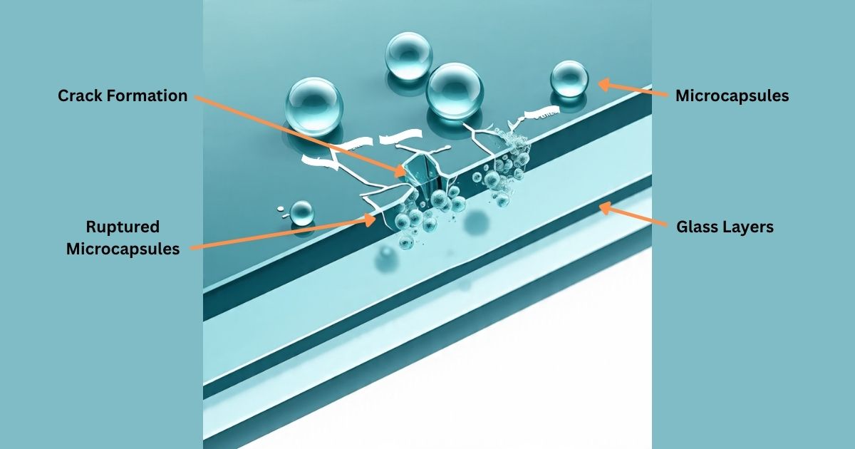 Self-healing auto glass technology diagram showing microcapsules repairing a windshield crack using nanotechnology.
