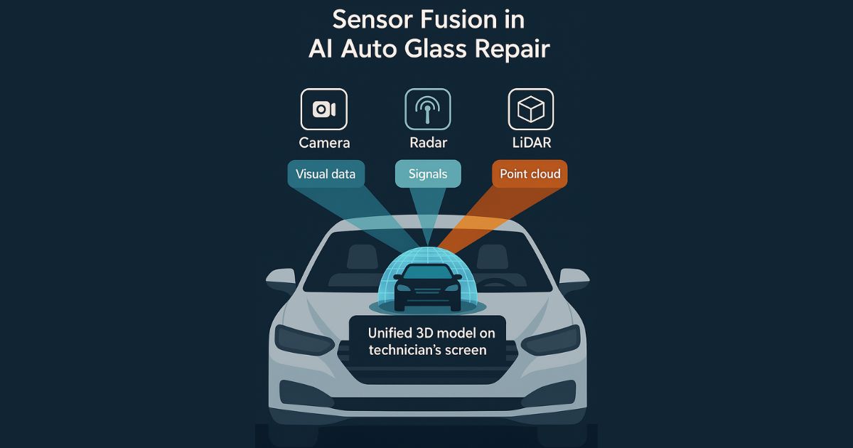 Sensor fusion technology in AI Auto Glass Repair integrating camera, radar, and LiDAR data for perfect ADAS calibration.