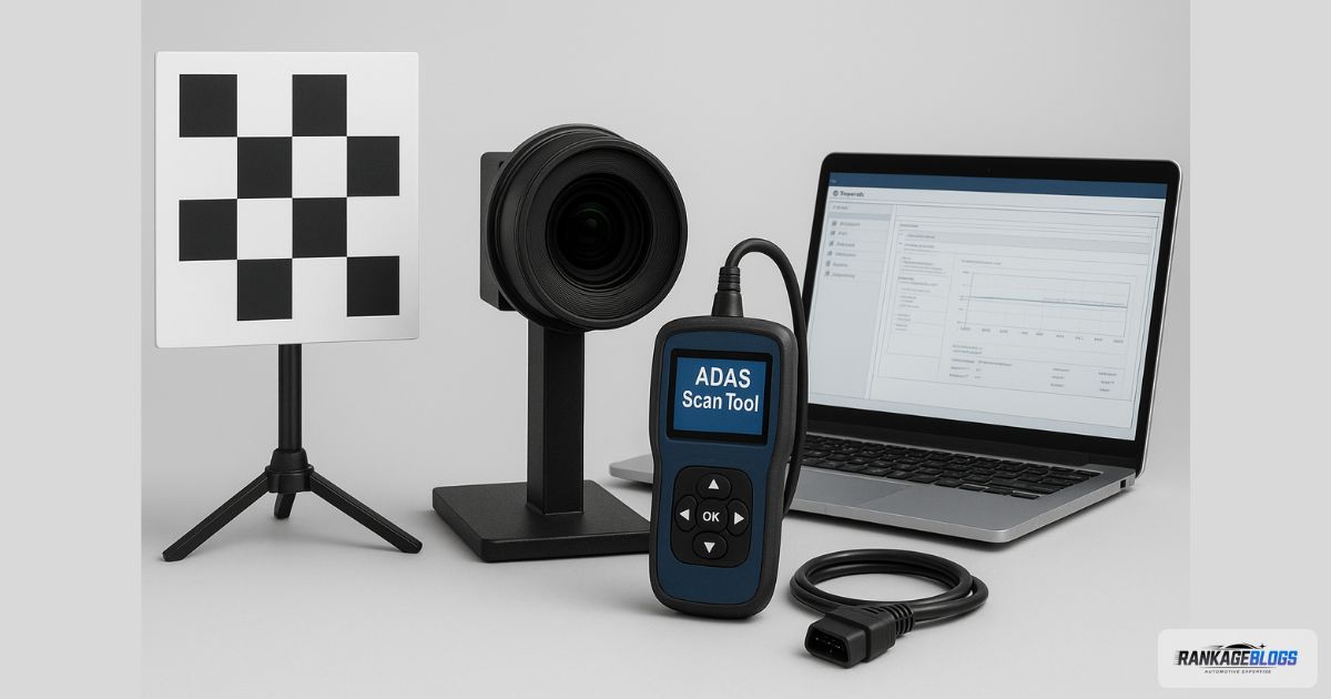 ADAS calibration equipment including target boards, scan tools, and OBD-II connector for auto glass replacement.