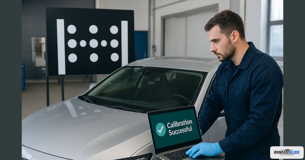 A technician performing precise ADAS calibration on a vehicle after a windshield replacement.