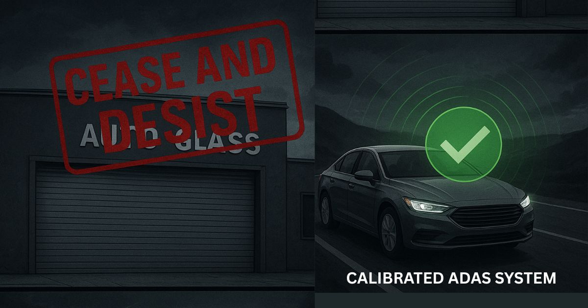 A split image contrasting a shut-down auto glass shop with a safe, compliant vehicle.