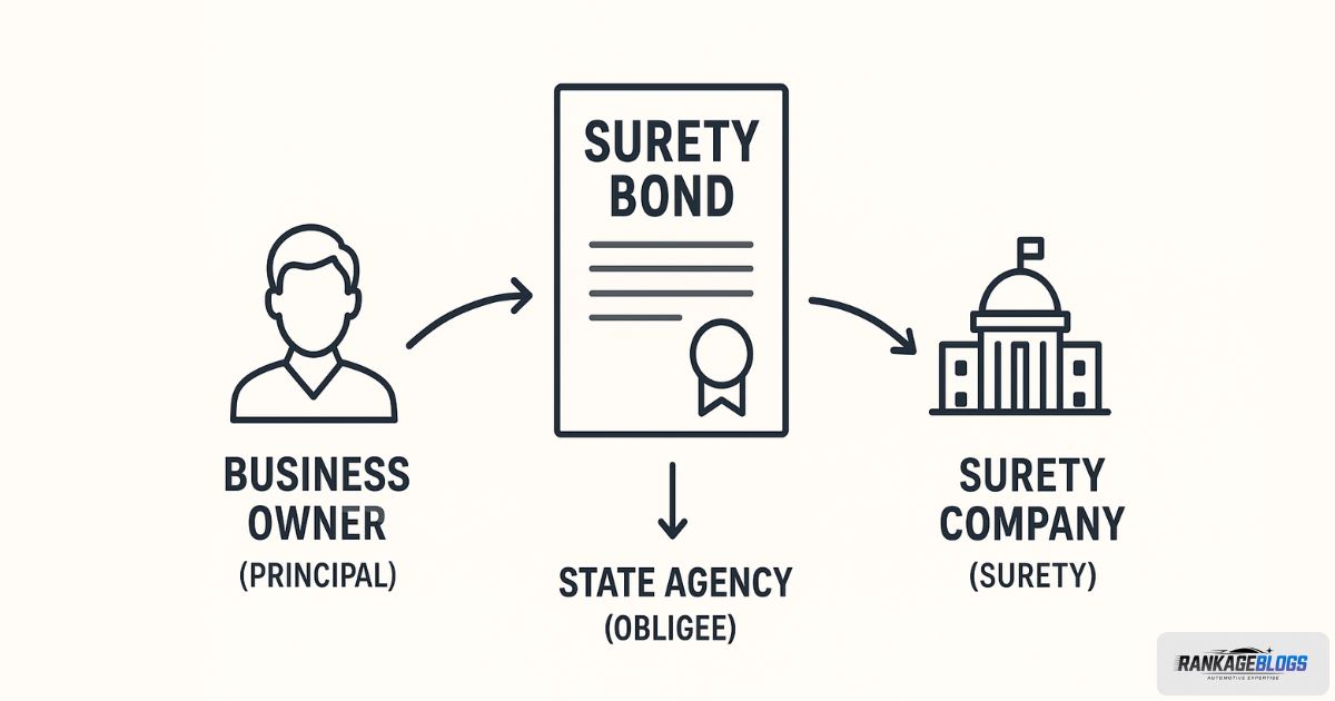 A simple diagram explaining the three-party agreement of an auto glass business surety bond.