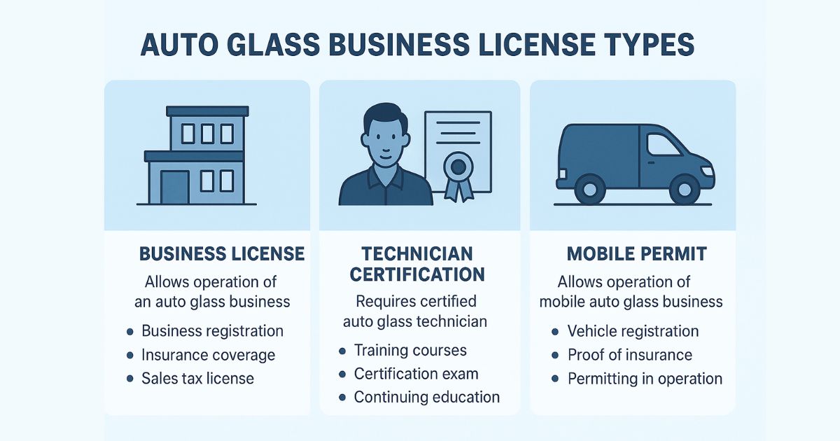Infographic comparing auto glass business license types: Business, Technician, and Mobile permits.