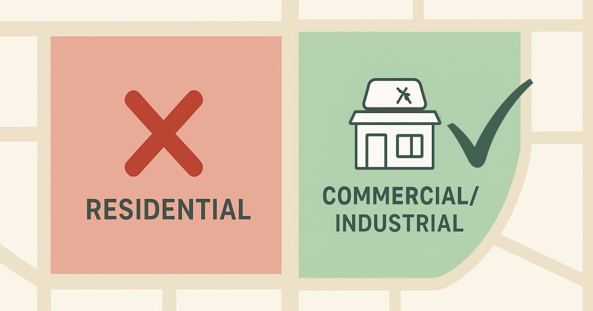 A zoning map showing the correct commercial area for an auto glass shop versus prohibited residential zones.