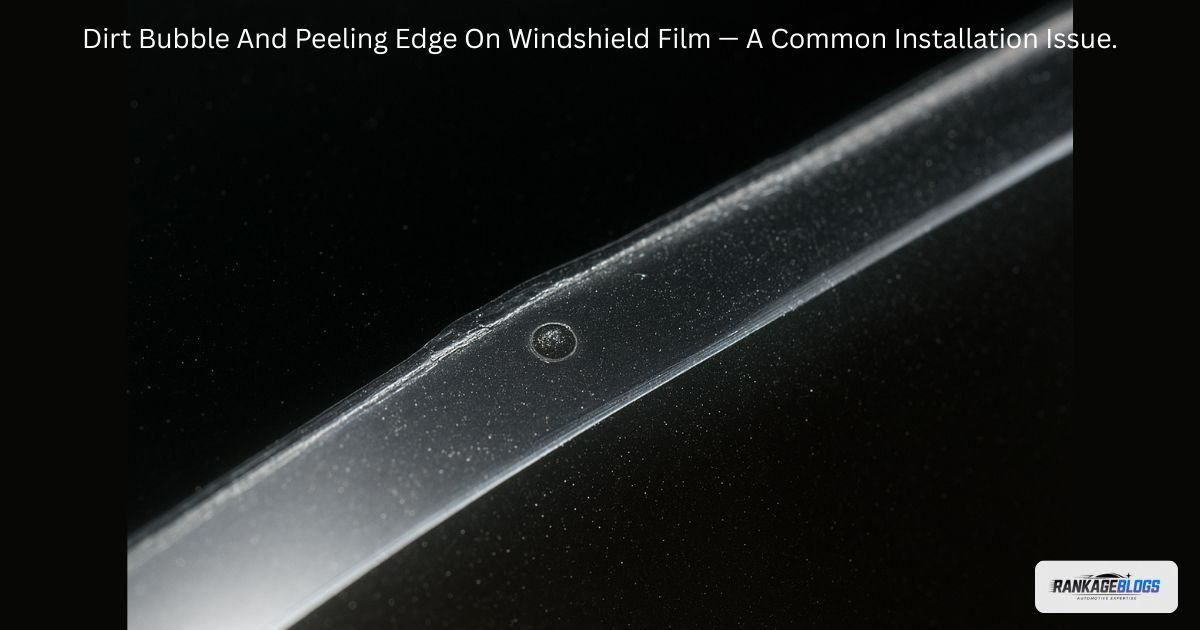Close-up view of common installation issues with Auto Glass Protection Film, such as a dirt bubble and a peeling edge.