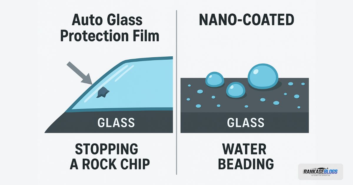 Infographic comparing how an Auto Glass Protection Film blocks impacts versus how a coating repels water.