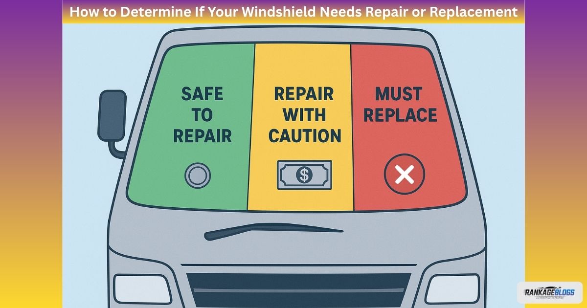 Windshield repair vs replacement guide diagram showing critical zones on a heavy-duty truck glass.