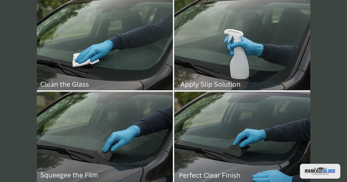 Step-by-step photo guide showing the professional installation process for an Auto Glass Protection Film.