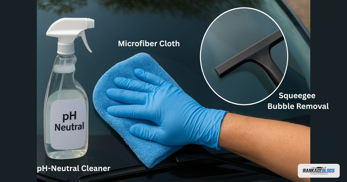 Proper cleaning and bubble-removal technique for a windshield with Auto Glass Protection Film.