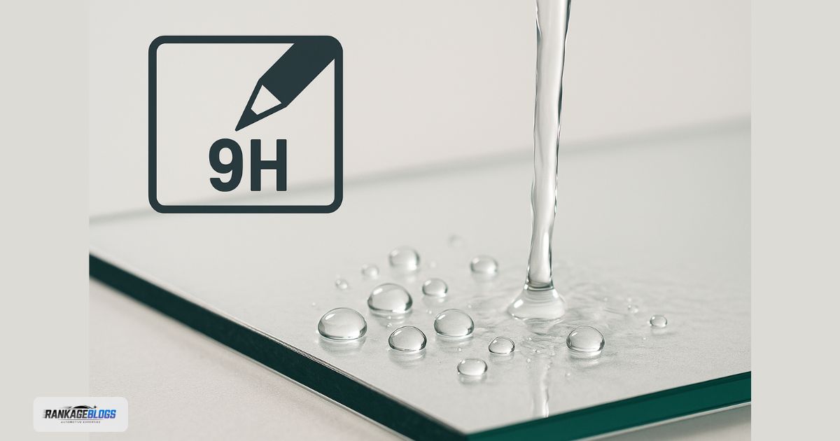 Demonstration of superior hydrophobic water beading and scratch resistance on a surface with a liquid glass Auto Glass Protection Film coating.