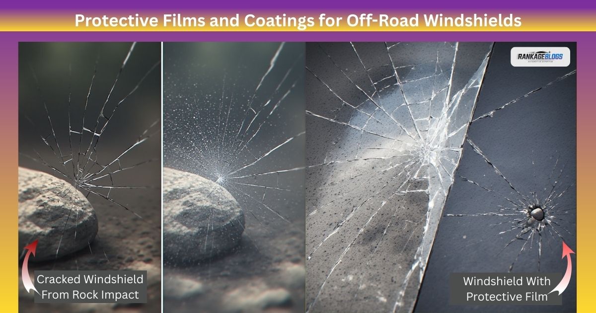 Windshield protection film preventing crack propagation compared to unprotected damaged glass.