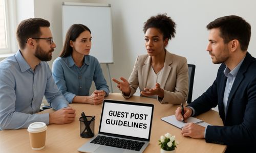 Four professionals in a modern meeting room discussing guest post guidelines, representing collaboration and content strategy at RankageBlogs.com