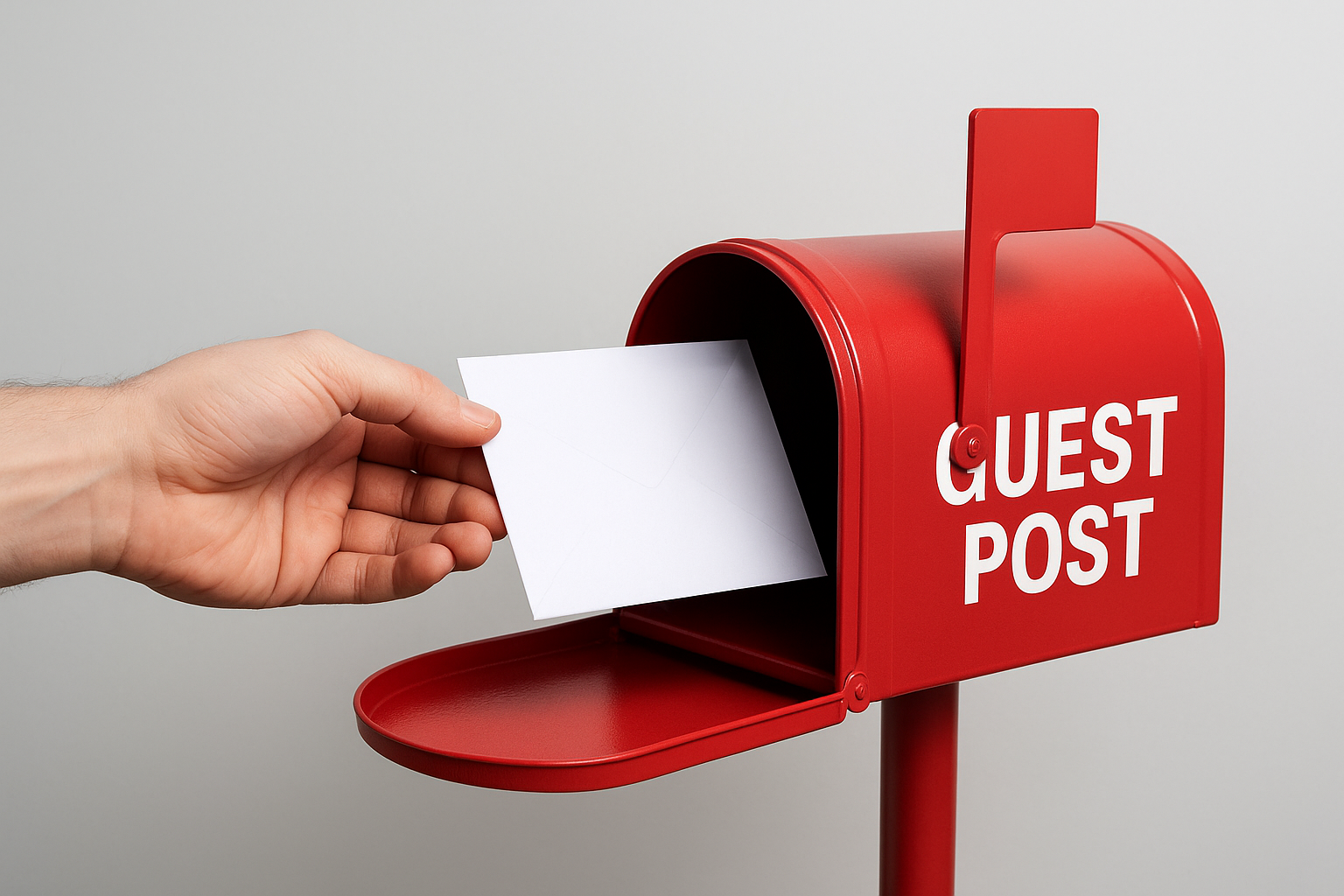 Alt Text: A person’s hand holding a white envelope and placing it into a bright red mailbox labeled “GUEST POST,” symbolizing the process of submitting a guest article to rankageblogs.com.