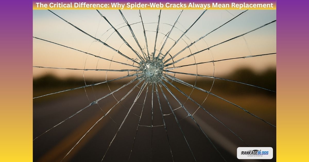 Close-up of a dangerous spider-web windshield crack requiring full replacement on a commercial truck.