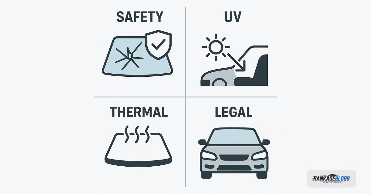 A four-panel grid explaining different types of Auto Glass Protection Film: anti-shatter, UV blocking, heat reduction, and legal tint.