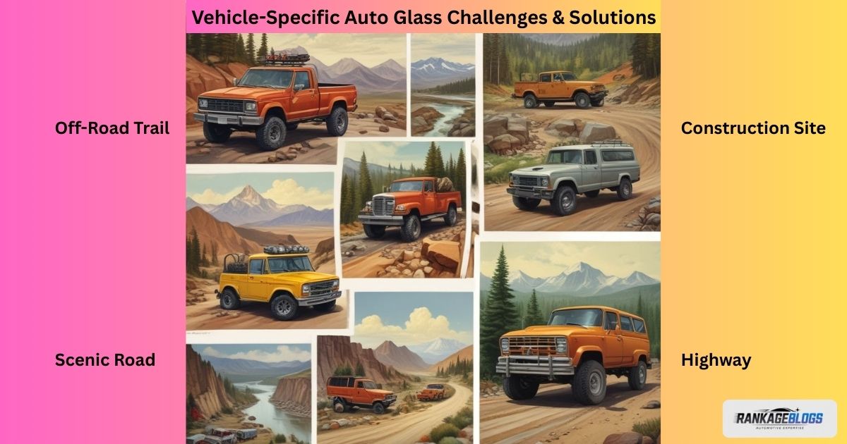 Collage of vehicles needing specialized auto glass repair: jeep, semi-truck, excavator, and RV.