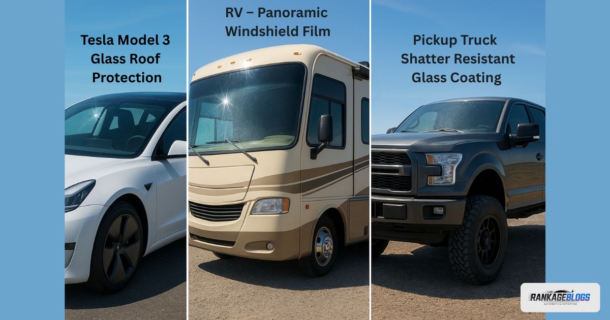 Collage of a Tesla, an RV, and a truck showcasing the application of a specialized Auto Glass Protection Film for different vehicle types.