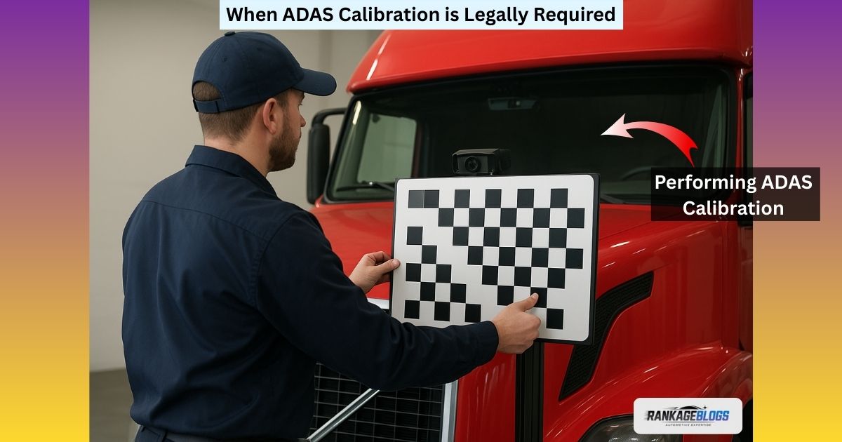 Professional technician performing mandatory ADAS calibration after Heavy-Duty Auto Glass Repair.